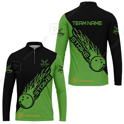 Bowling Customized Jersey Black Green Shirt Strike Ball Bowling Tenpin Quarter Zip Shirt For Bowlers, Bowling Team