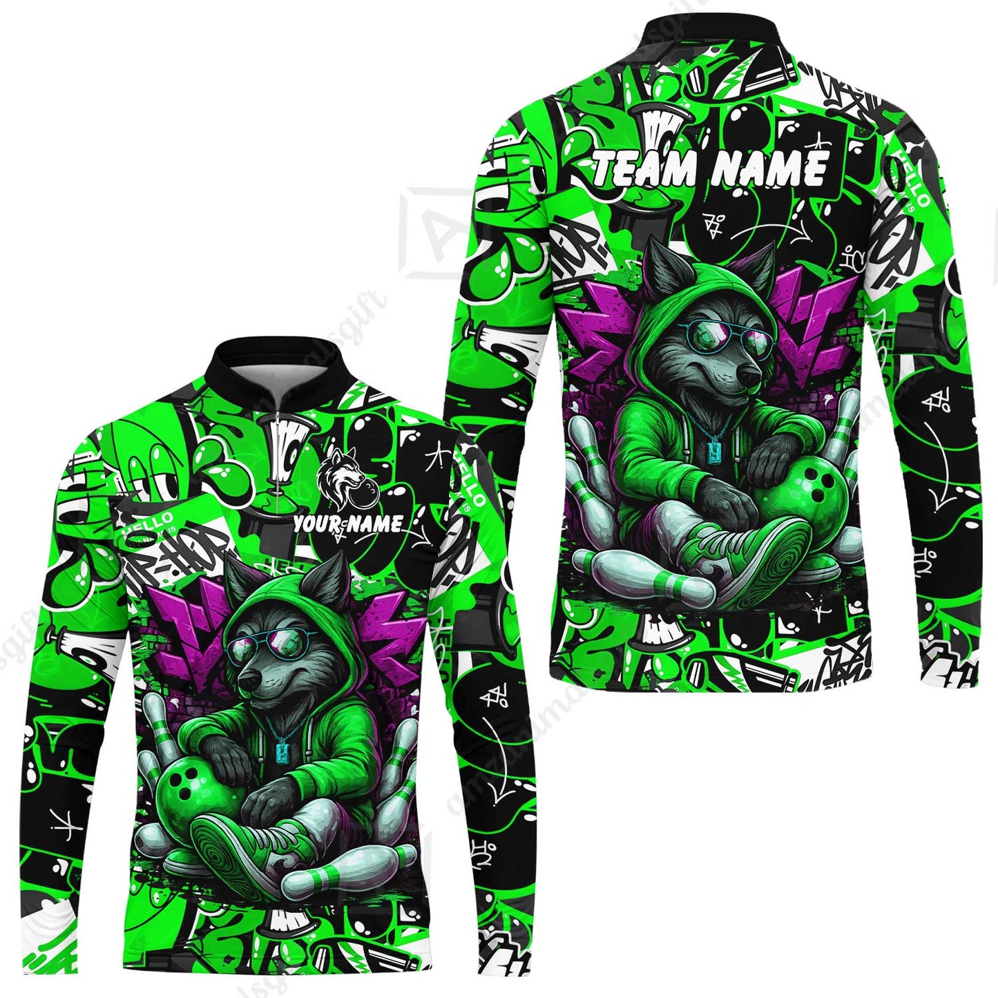 Custom Bowling Jersey Polo Shirt, Badass Wolf Mascot Bowling, Custom Bowling Jersey Team Shirt For Players With Name & Team Name