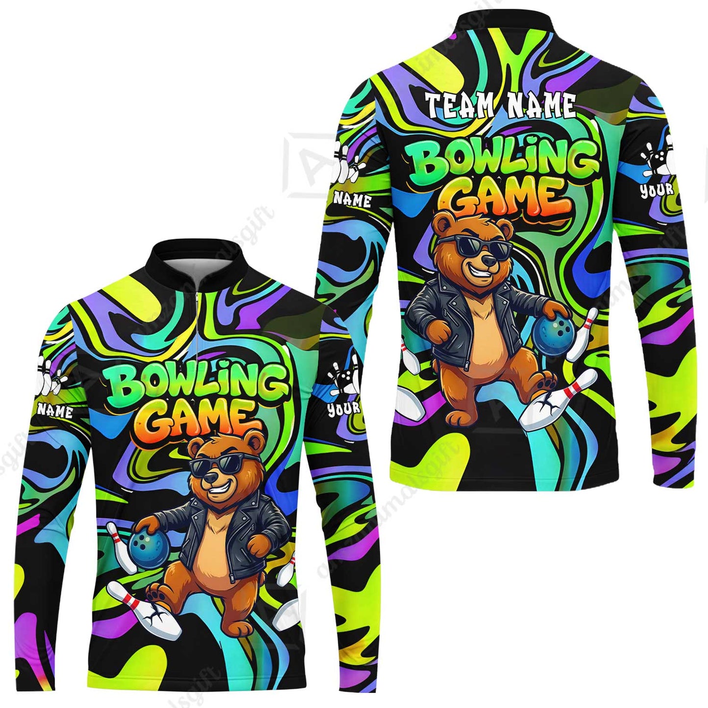 Custom Bowling Jersey Polo Shirt, Trippy Swirl Rocker Bear Graffiti Style, Custom Bowling Jersey Team Shirt For Players With Name & Team Name