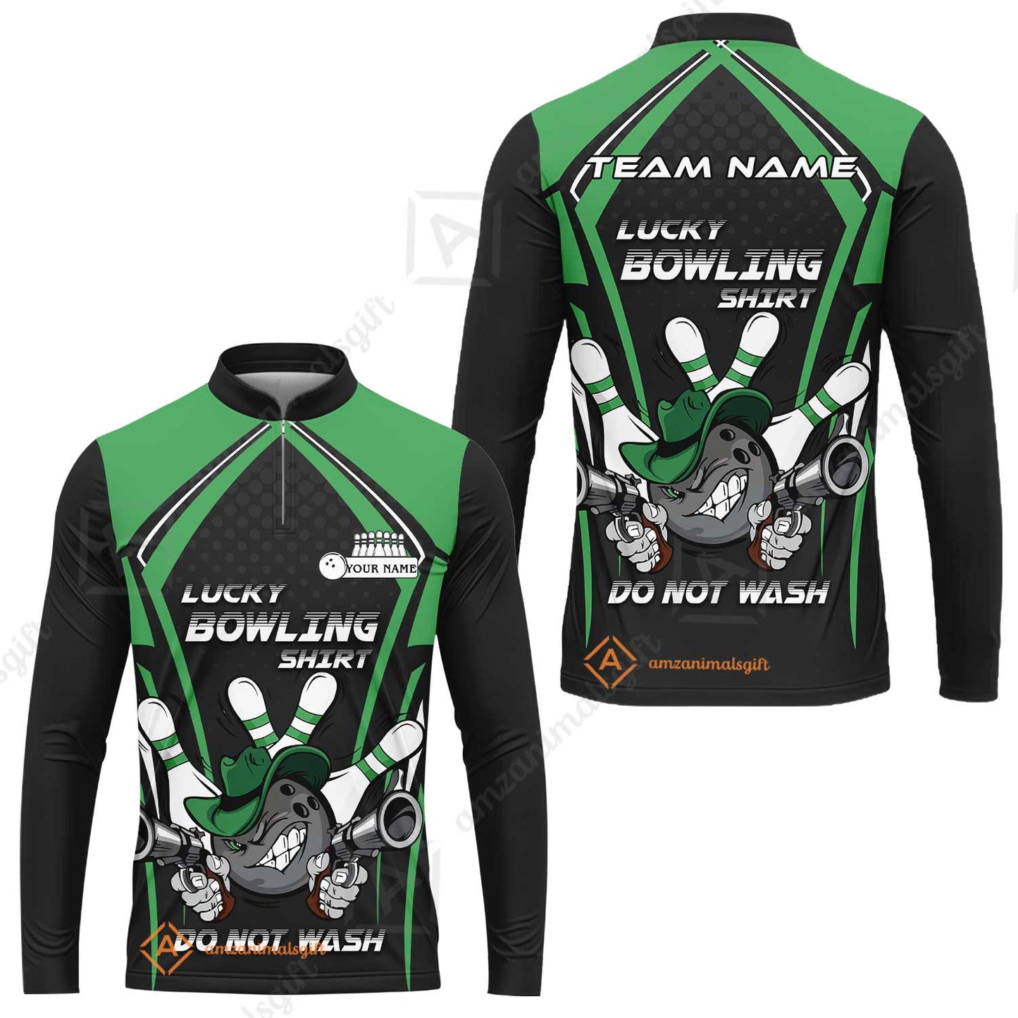 Customized Bowling Team Long Sleeve Jersey, Lucky Bowling Shirt Do Not Wash Bowling Ball Aiming Guns, Personalized Name Bowling Shirt