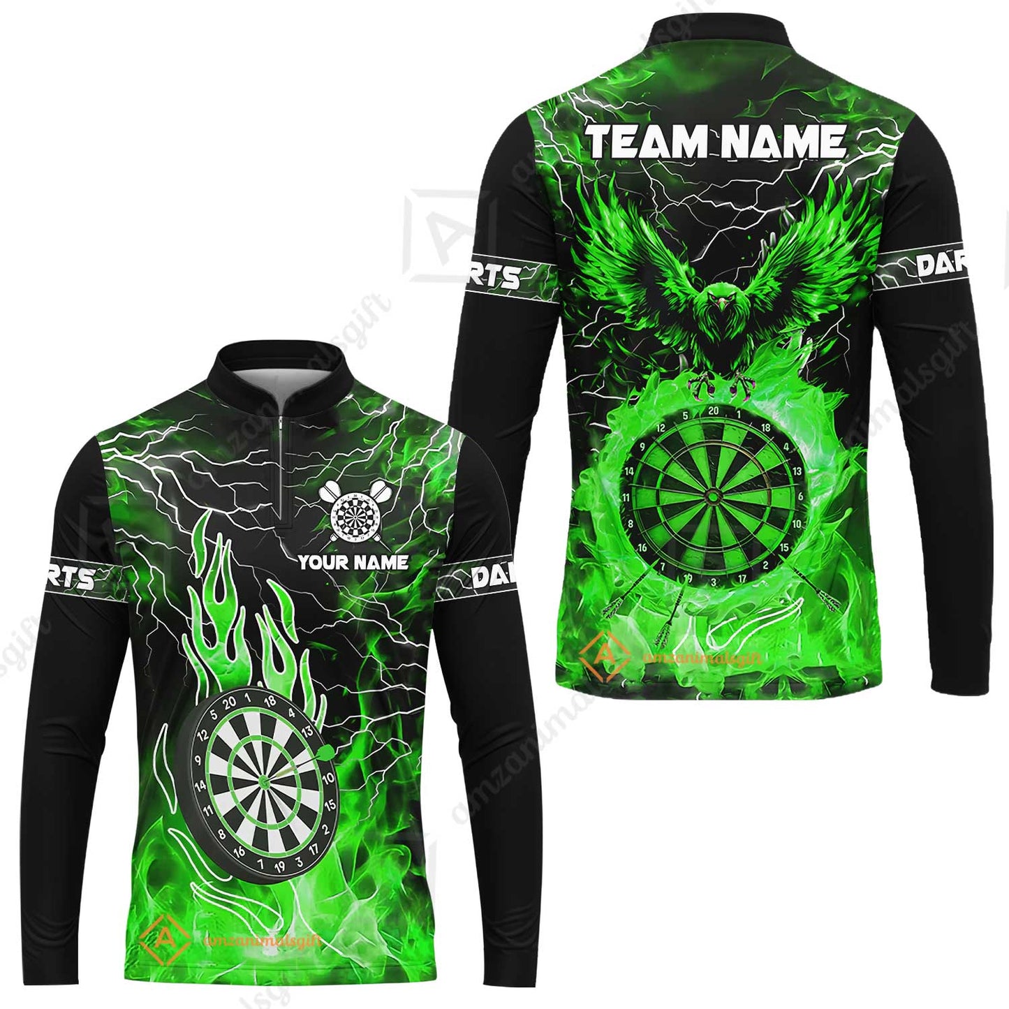 Custom Darts Team Jersey, Dartboard Fire Flame Custom Eagle Darts Jersey Polo Quarter-Zip Shirts, Custom Name And Team Name Darts Uniforms Jersey