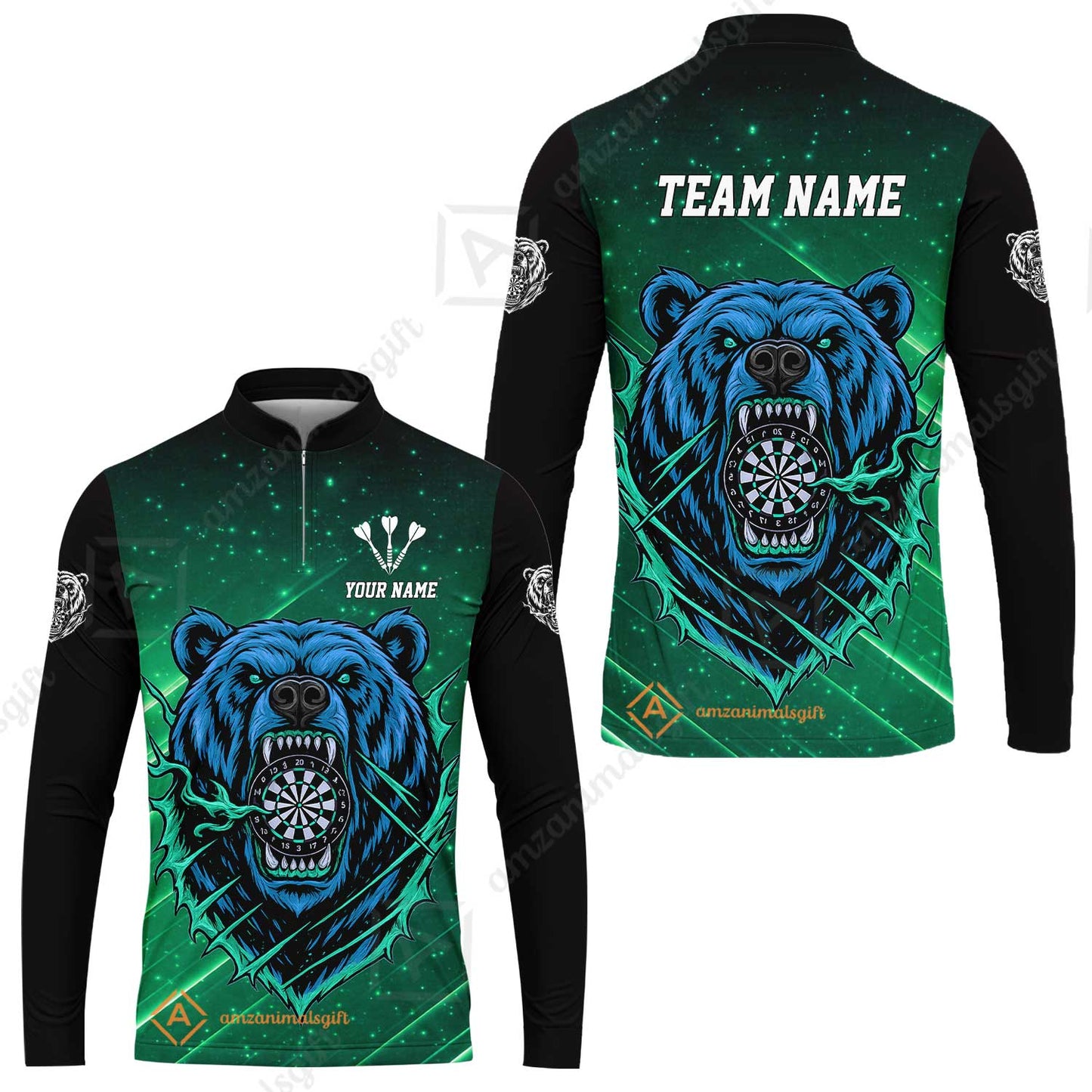 Customized Darts Team Uniform Shirt, Personalized Furious Bear Darts Collar Quarter-Zip Shirt with Name & Team Name