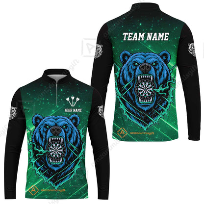 Customized Darts Team Uniform Shirt, Personalized Furious Bear Darts Collar Quarter-Zip Shirt with Name & Team Name