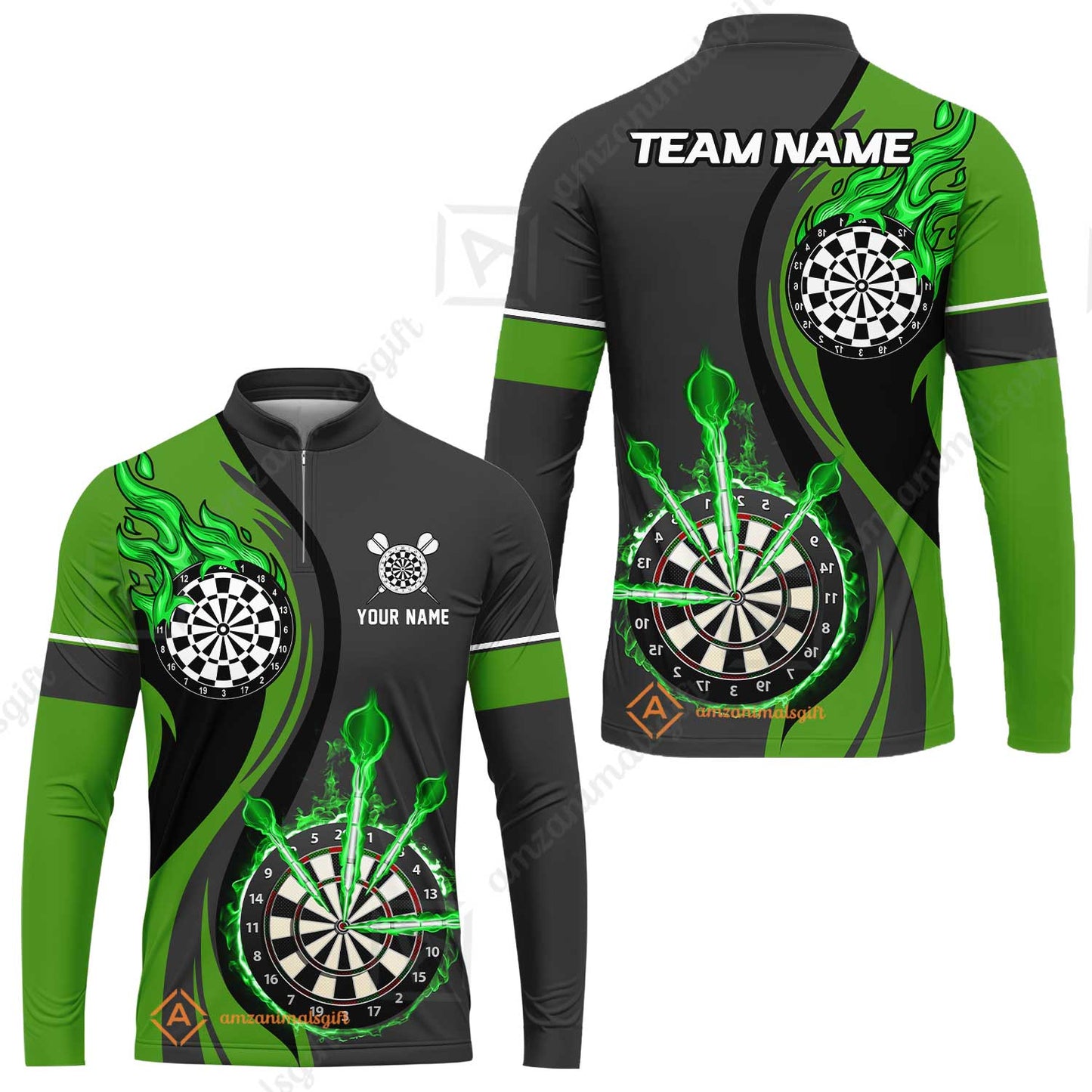 Custom Tailored Fire Flames Darts Team Jersey Polo Quarter-Zip Shirts, Customized Name Team Name Darts Team Jerseys Uniform