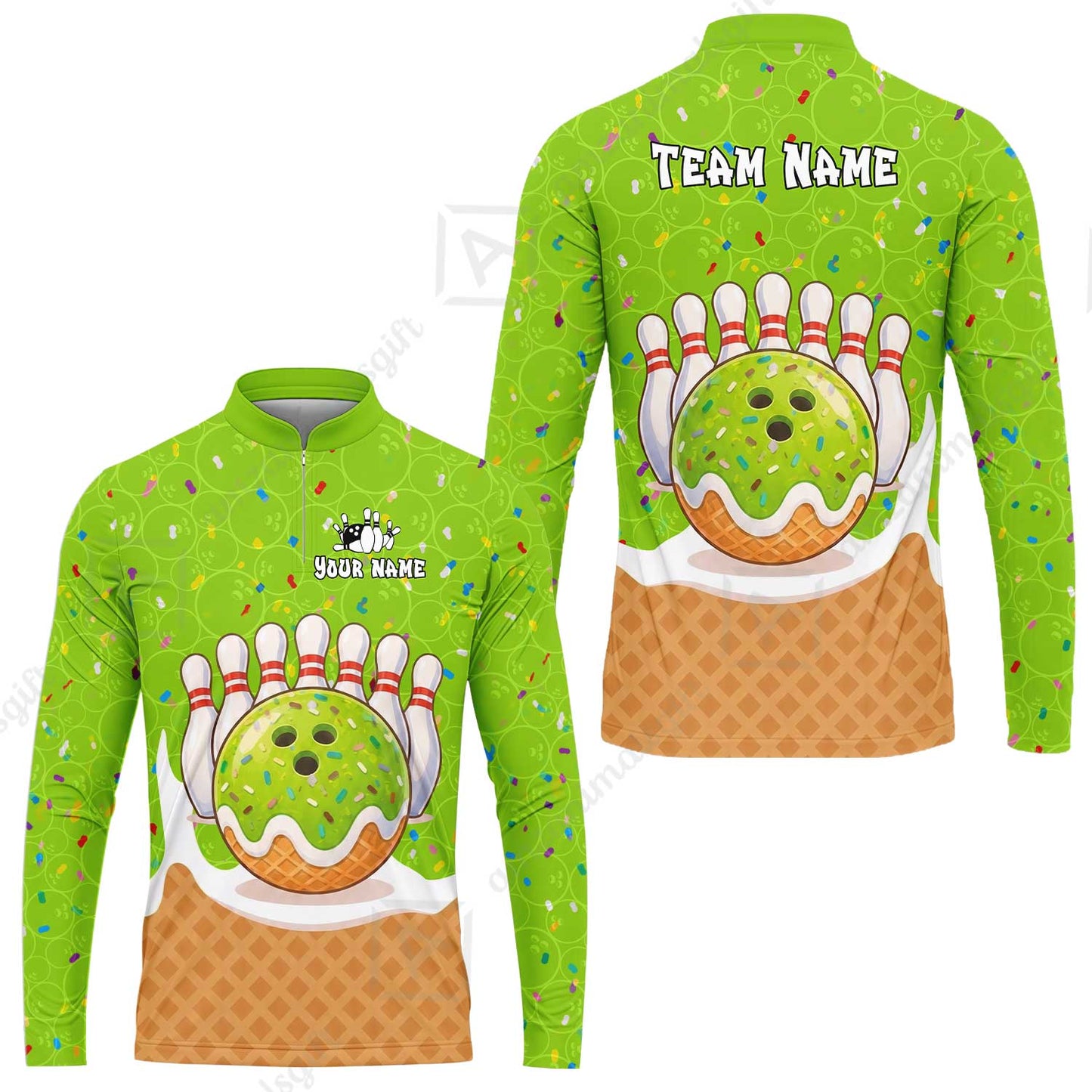 Custom Bowling Jersey Polo Shirt, Bowling Sprinkles Ice Cream Cone, Personalized Name & Team Name