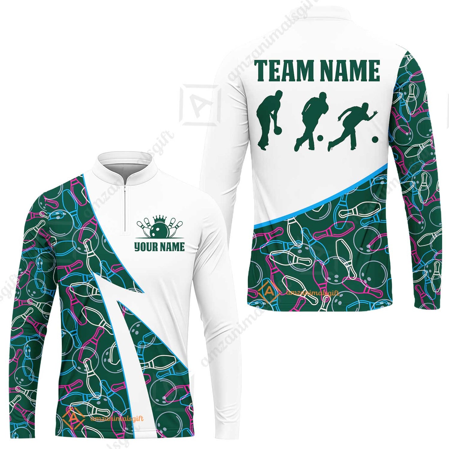 Custom Bowling Team Bowling Jersey, Neon Pattern Bowling Jersey With Player Silhouettes Multicolor Polo Quarter-Zip Shirts, Custom Bowling Uniforms Jerseys