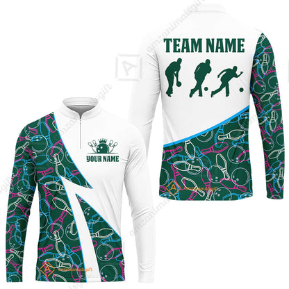 Custom Bowling Team Bowling Jersey, Neon Pattern Bowling Jersey With Player Silhouettes Multicolor Polo Quarter-Zip Shirts, Custom Bowling Uniforms Jerseys