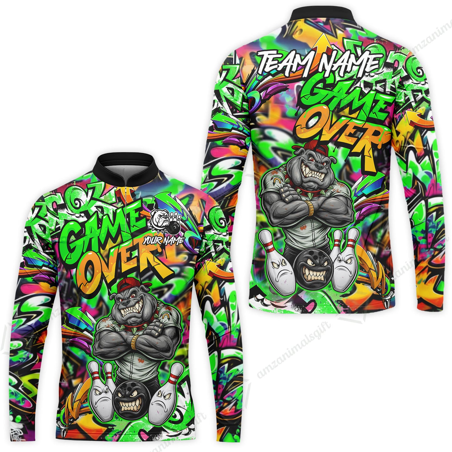 Customized Bowling Unisex Polo Shirt, Cool BullDog With Angry Bowling Game Over - Personalized Name And Team Name