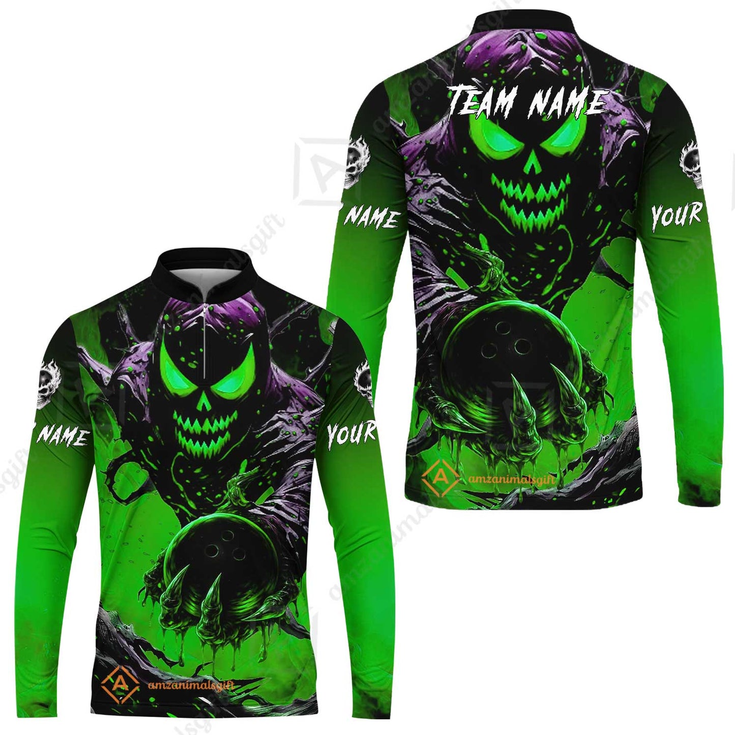 Custom Bowling Team Flat Neck Zip Jersey Shirt, Devil’s Strike Devil’s Strike Power Bowling Edition, Personalized Team Shirt with Custom Name