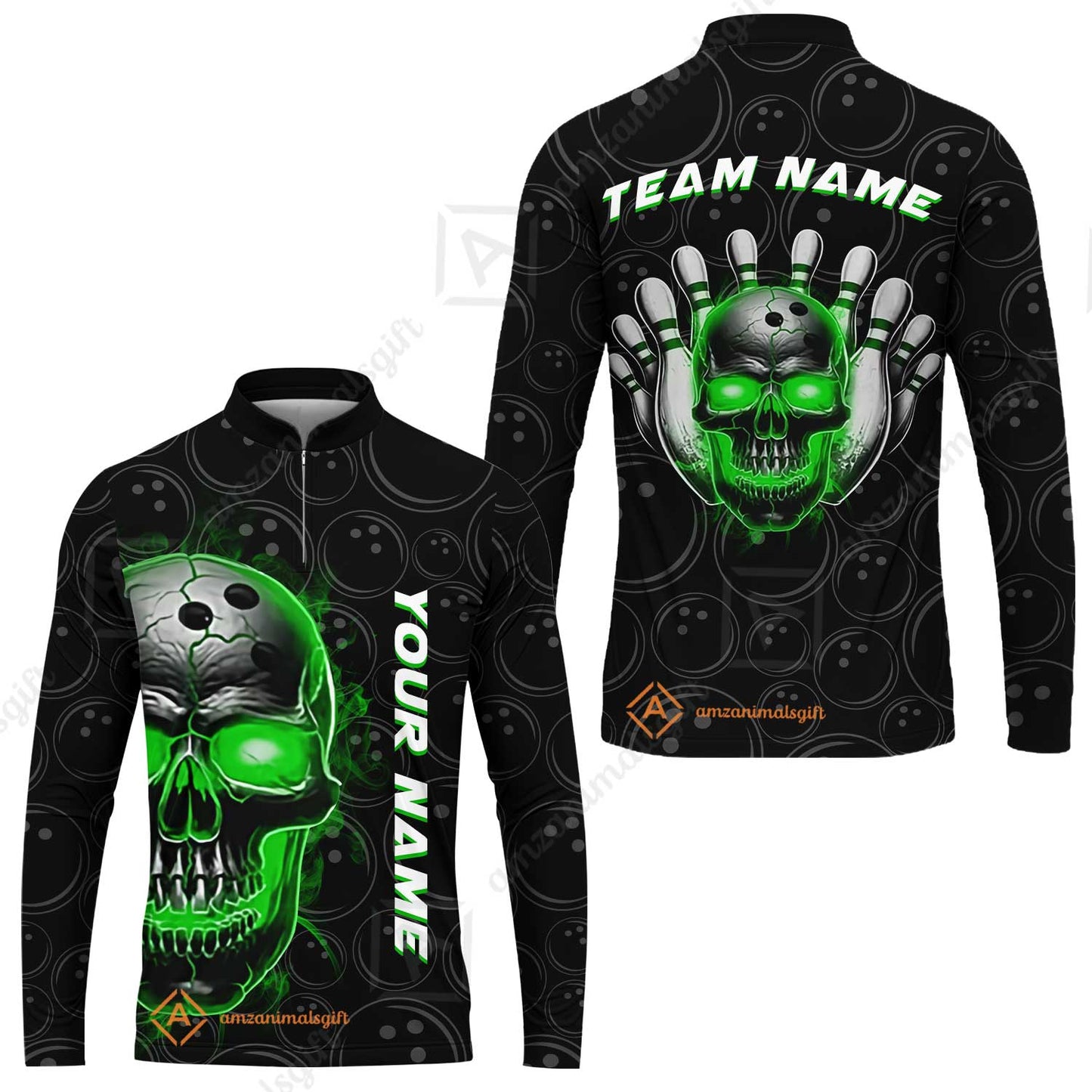 Customized Bowling Team Jersey Skull Flaming In Bowling Pattern Personalized Name Team Name Quarter-Zip Jerseys For Bowlers