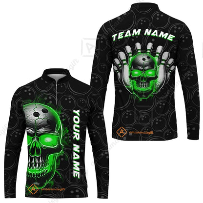 Customized Bowling Team Jersey Skull Flaming In Bowling Pattern Personalized Name Team Name Quarter-Zip Jerseys For Bowlers