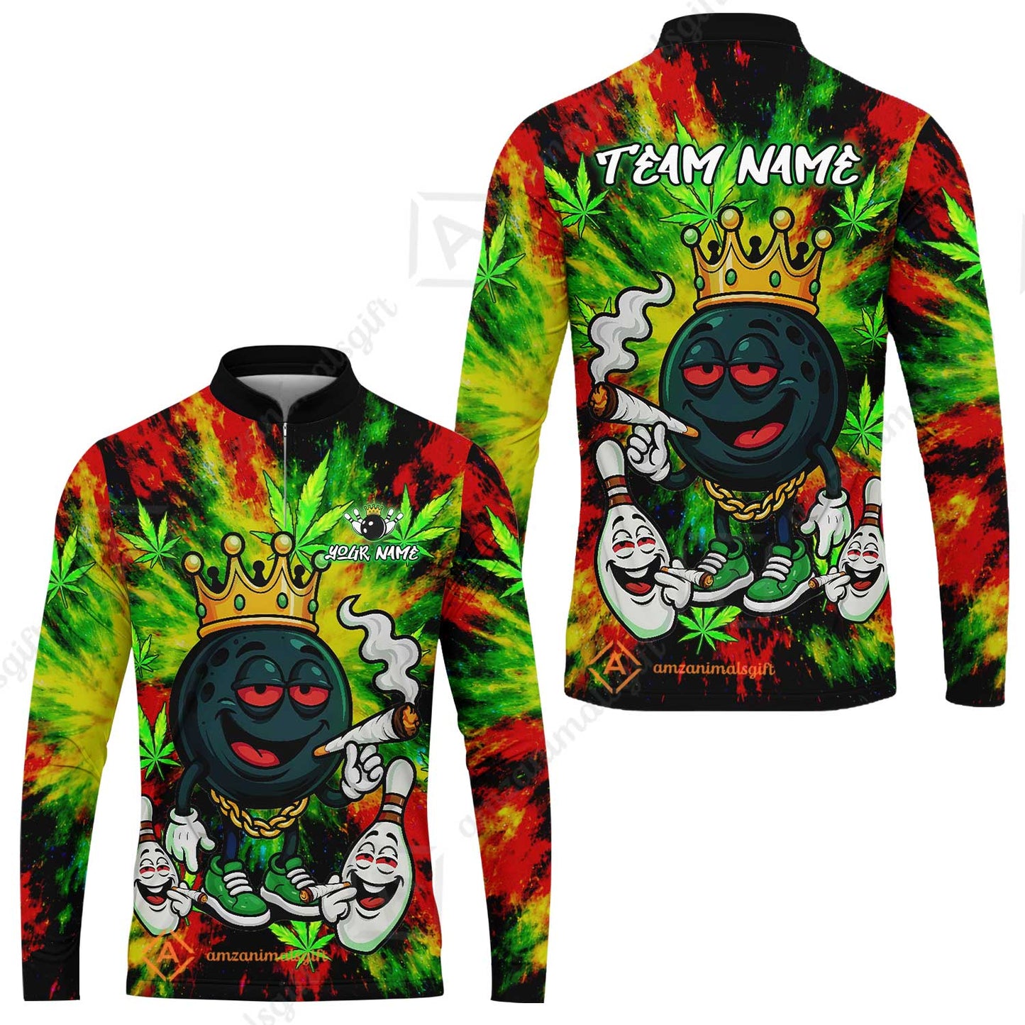 Custom Bowling Team Flat Neck Zip Jersey Shirt, King Smoke Tie-Dye Personalized Team Shirt, Custom Name and Team Name for Bowlers