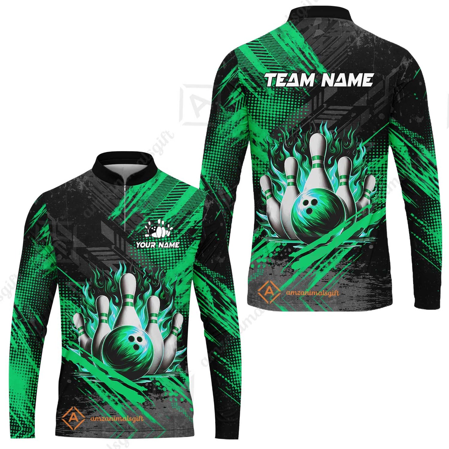 Custom Bowling Team Quarter-Zip Polo Shirt, Personalized Flame Bowling Jersey with Name & Team Name for Men & Women