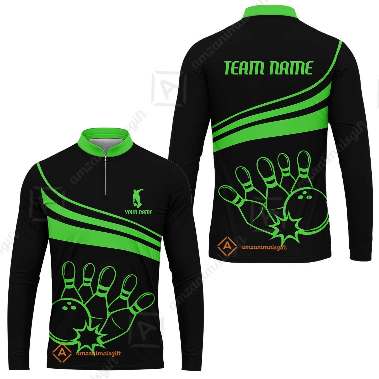 Bowling Customized Jersey Black Shirt Green Curve Bowling Tenpin Quarter Zip Shirt, Outfit For Bowlers, Bowling Team