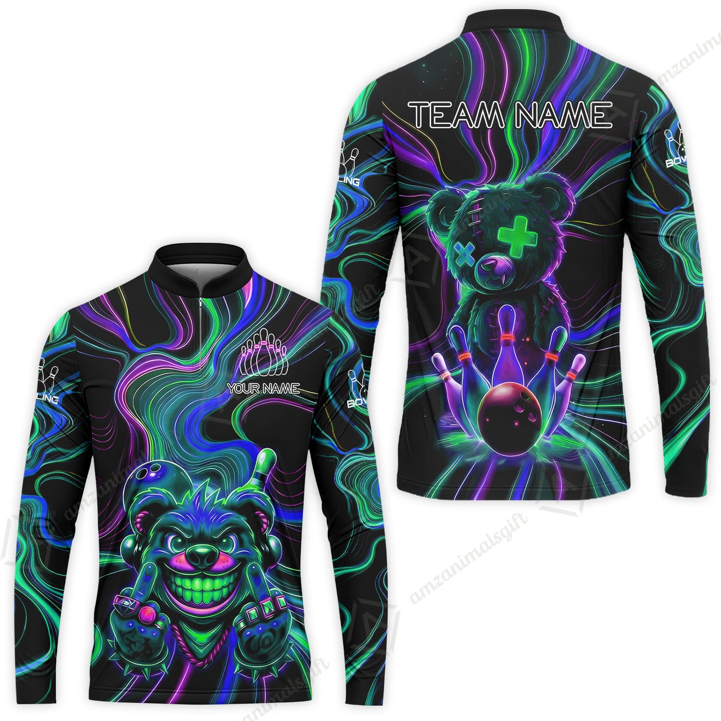 Customized Bowling Unisex Polo Shirt, Crazy Neon Bear Bowling Strike, Bowling Uniform - Personalized Name And Team Name