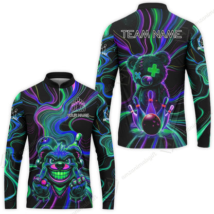 Customized Bowling Unisex Polo Shirt, Crazy Neon Bear Bowling Strike, Bowling Uniform - Personalized Name And Team Name