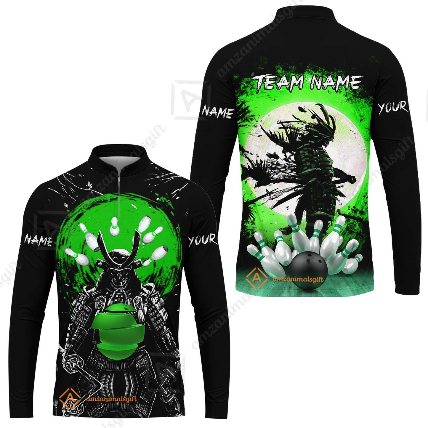 Custom Bowling Team Jerseys Polo Shirts, Bowling uniforms Ball And Pins Samurai Multicolor Options Personalized Name And Team Name