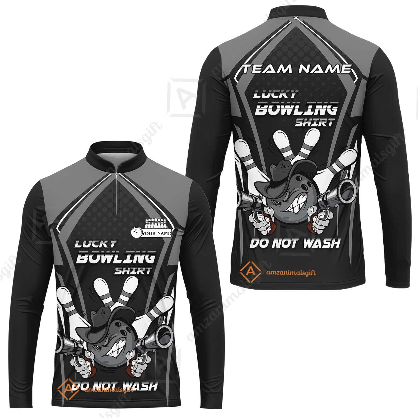 Customized Bowling Team Long Sleeve Jersey, Lucky Bowling Shirt Do Not Wash Bowling Ball Aiming Guns, Personalized Name Bowling Shirt