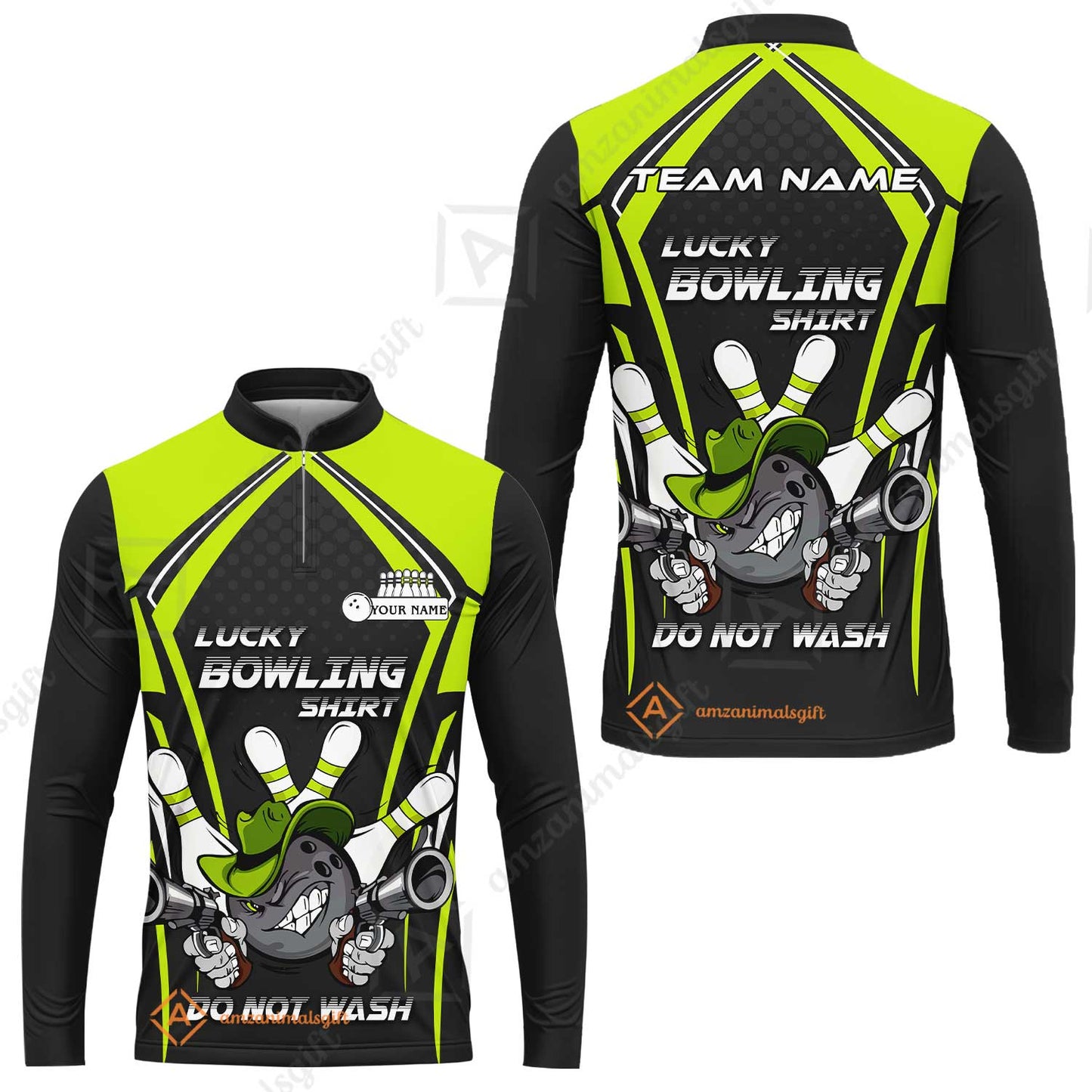 Customized Bowling Team Long Sleeve Jersey, Lucky Bowling Shirt Do Not Wash Bowling Ball Aiming Guns, Personalized Name Bowling Shirt