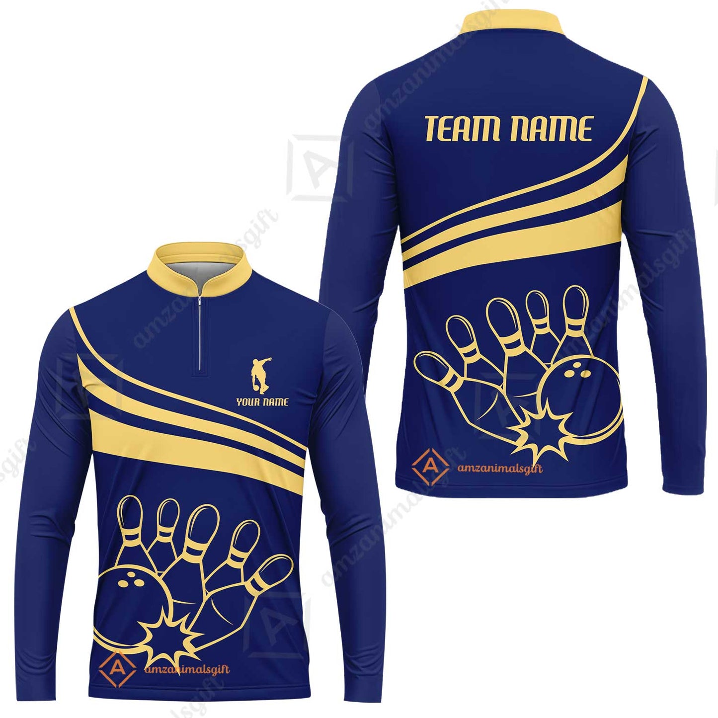 Bowling Customized Jersey Navy Shirt Gold Curve Bowling Tenpin Quarter Zip Shirt, Outfit For Bowlers, Bowling Team