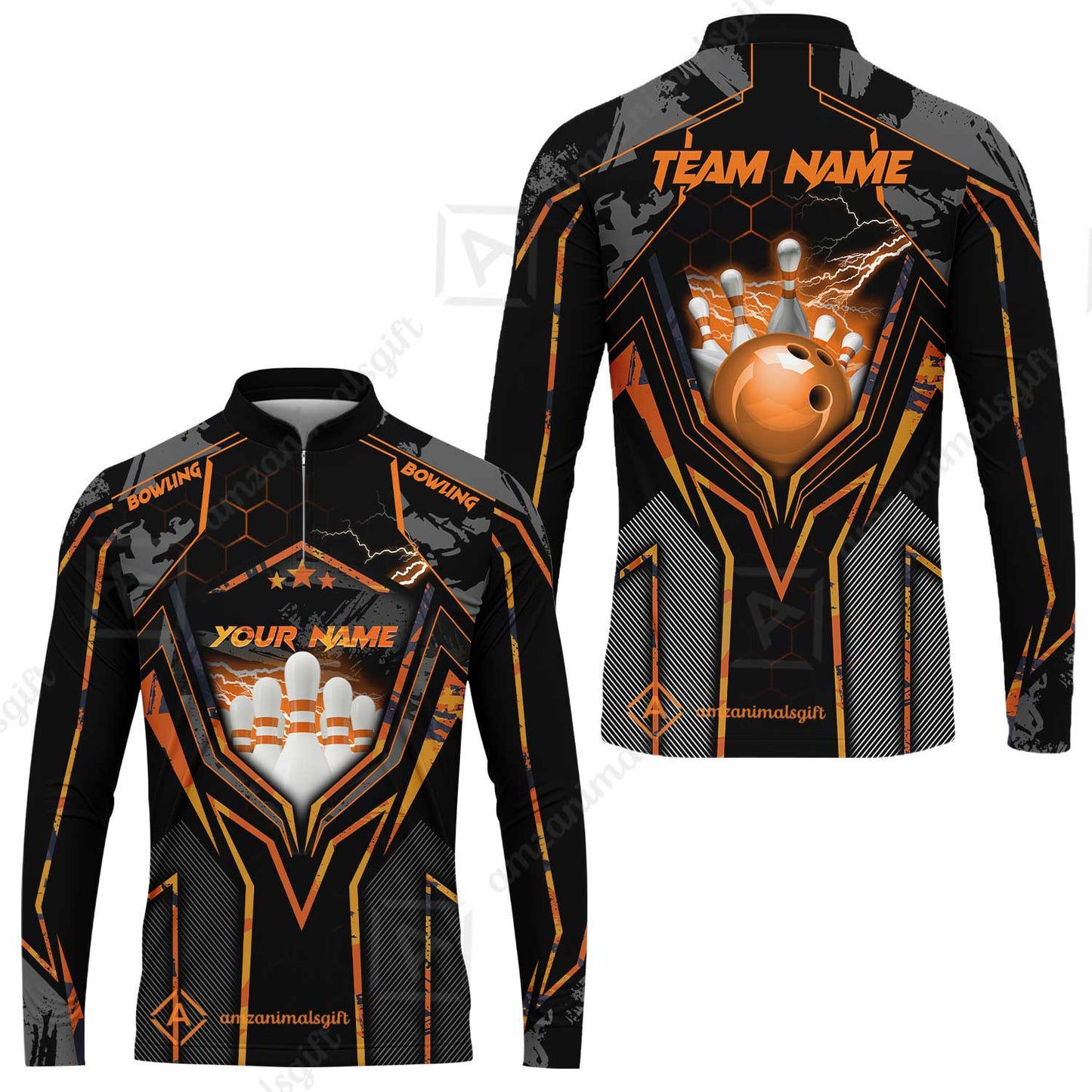 Customized Bowling Jersey, Bowling And Pins Abstract Grunge Texture X Multicolor Option Customized Name And Team Name Zipper Polo Jerseys Shirts