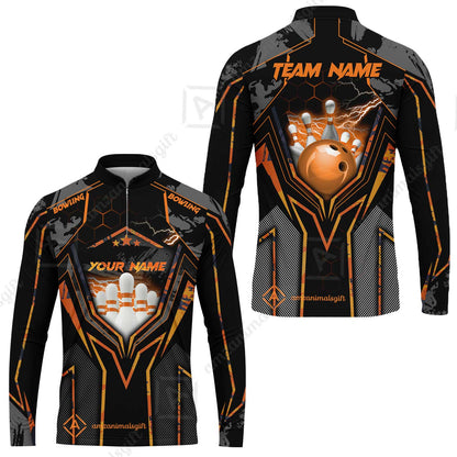 Customized Bowling Jersey, Bowling And Pins Abstract Grunge Texture X Multicolor Option Customized Name And Team Name Zipper Polo Jerseys Shirts