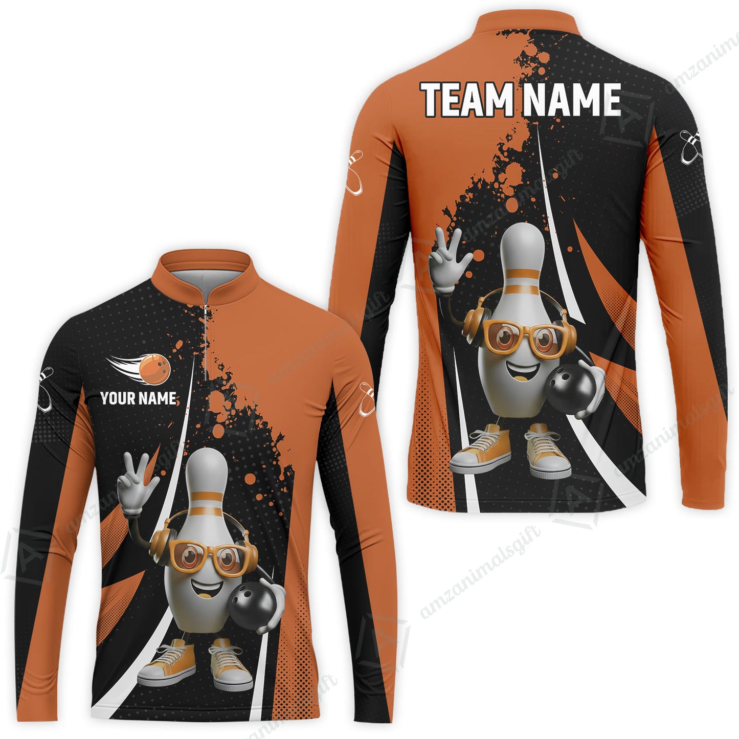 Customized Bowling Unisex Polo Shirt, Halftone Bowling Pin Wearing Headphones Sunglasses, Personalized Name And Team Name