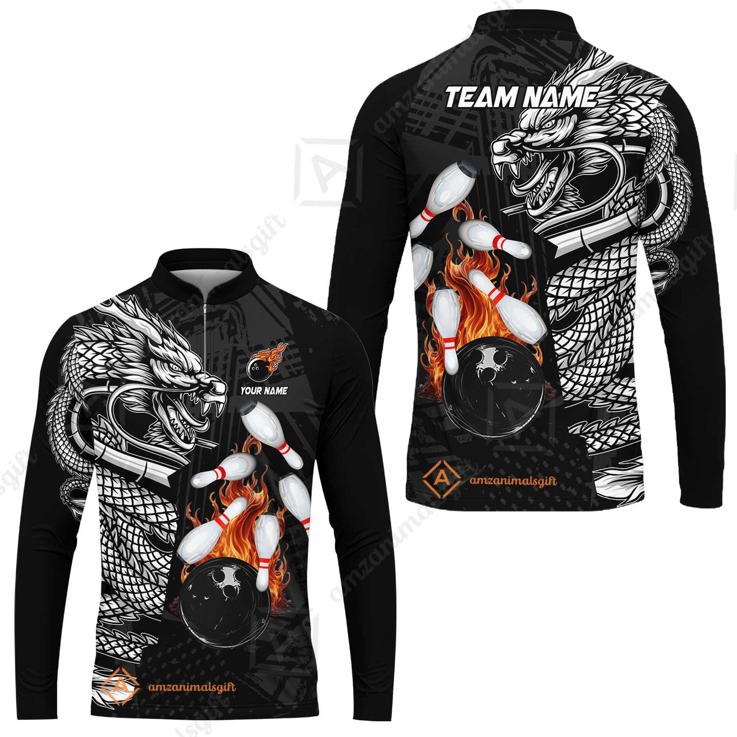 Custom Bowling Team Jerseys Polo Shirts, Bowling uniforms Bowling & Pins Dragon Flame Fire Multicolor Options Personalized Name And Team Name
