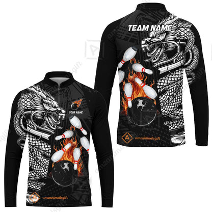 Custom Bowling Team Jerseys Polo Shirts, Bowling uniforms Bowling & Pins Dragon Flame Fire Multicolor Options Personalized Name And Team Name