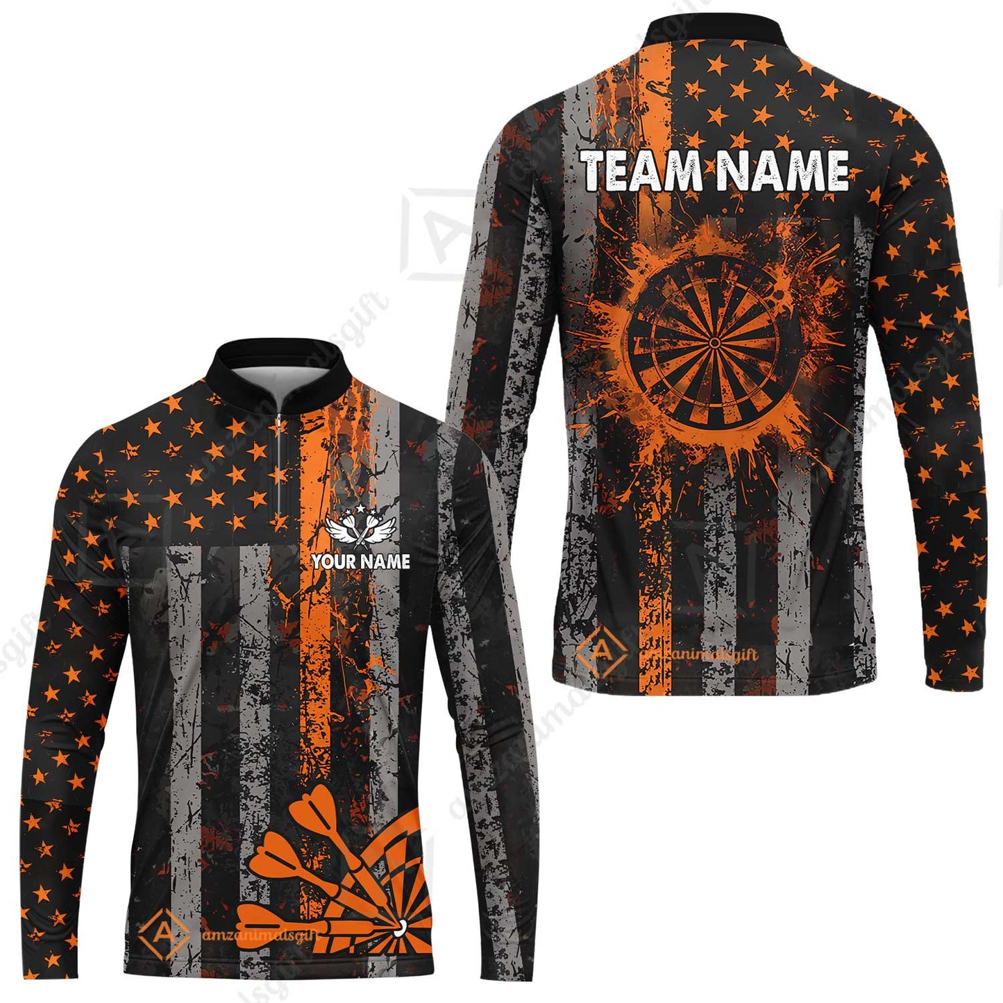 Customized Darts Long Sleeve Jersey, Turquoise Grunge US Flag Patriotic Darts Long Sleeve Jersey Team Style Jersey for Darts Players