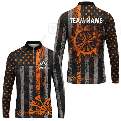 Customized Darts Long Sleeve Jersey, Turquoise Grunge US Flag Patriotic Darts Long Sleeve Jersey Team Style Jersey for Darts Players