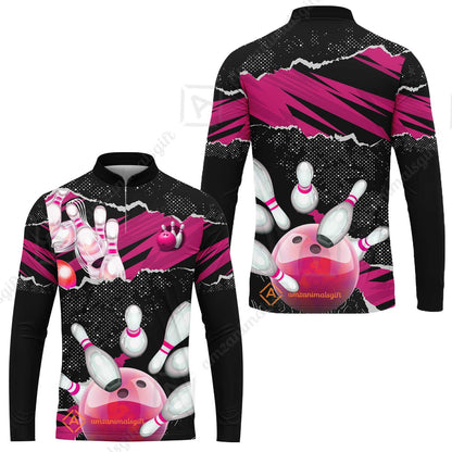 Personalized Bowling Team Long Sleeve Jersey, Bowling Uniforms Ball & Pins Sport Pattern Custom Name And Team Name