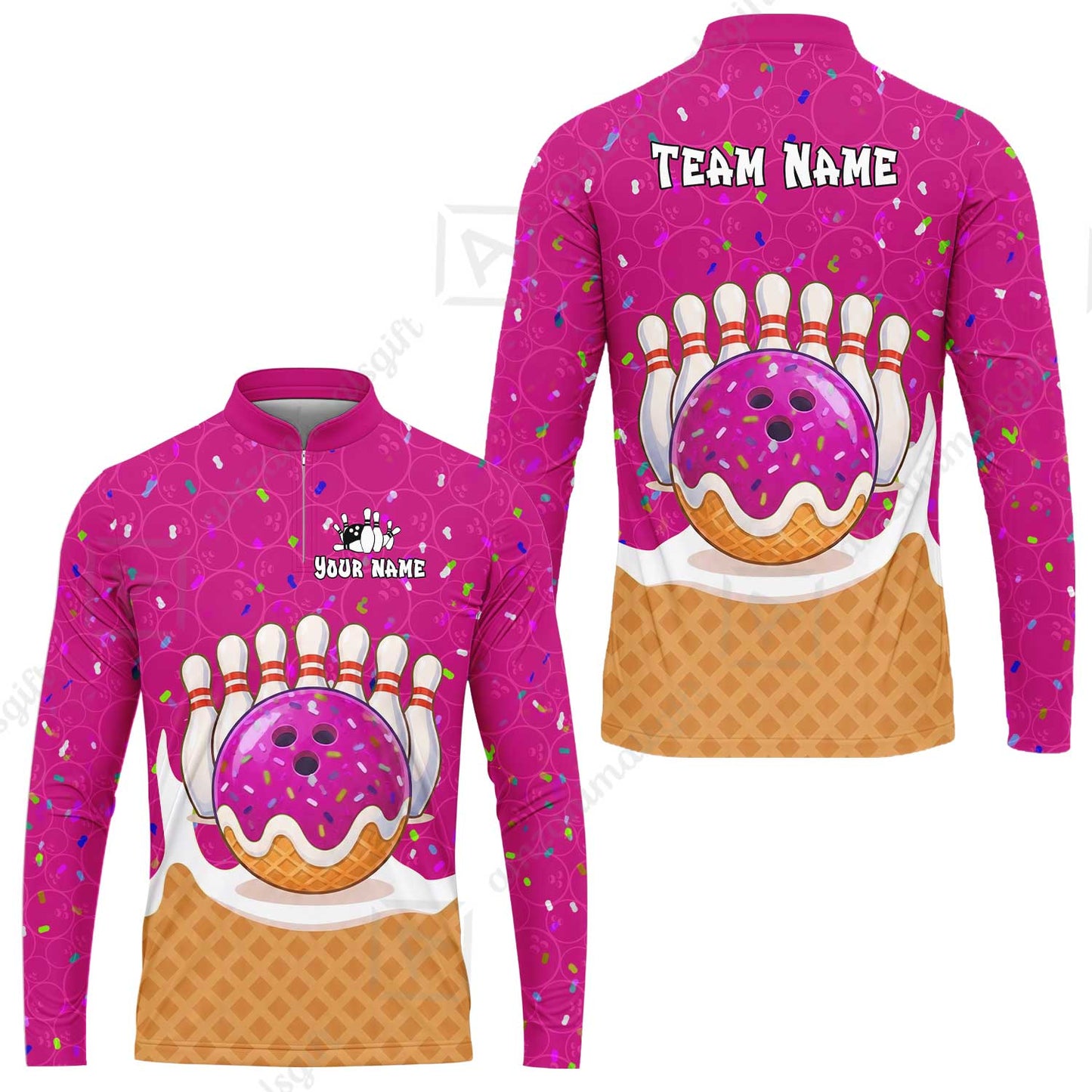 Custom Bowling Jersey Polo Shirt, Bowling Sprinkles Ice Cream Cone, Personalized Name & Team Name