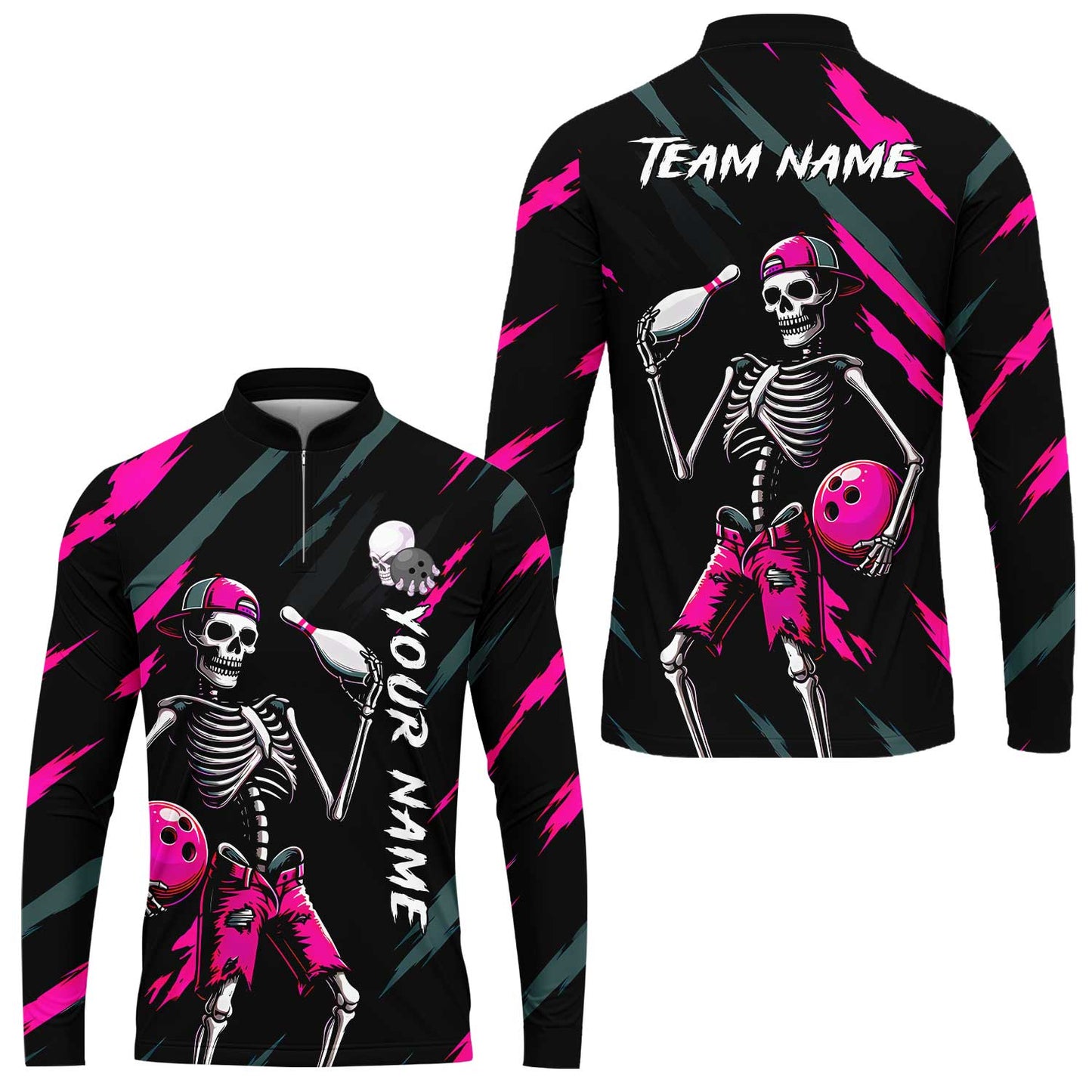 Customized Bowling Shirt, Bad Boy Skeleton Bowler, Personalized Polo Shirt For Players With Name & Team Name