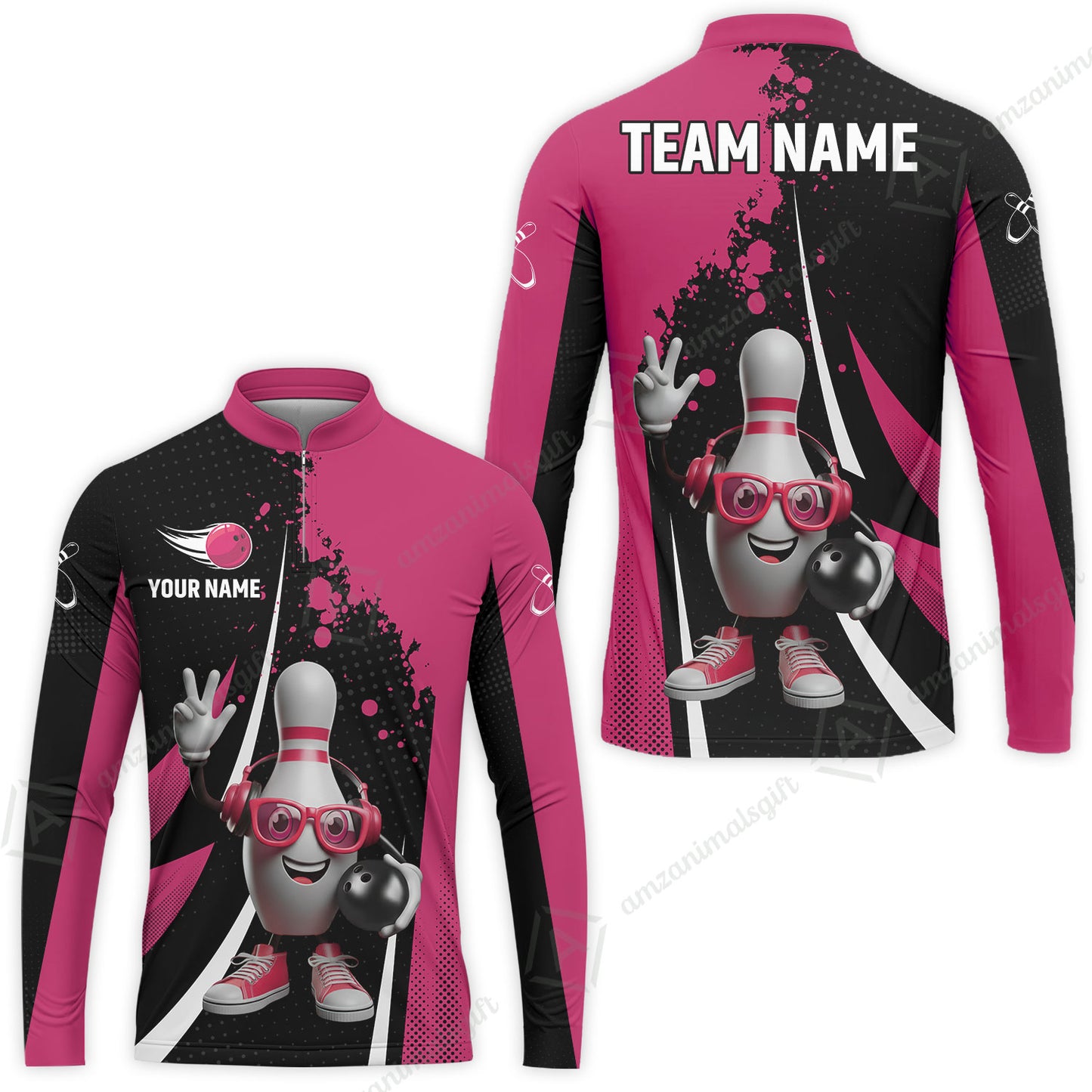 Customized Bowling Unisex Polo Shirt, Halftone Bowling Pin Wearing Headphones Sunglasses, Personalized Name And Team Name