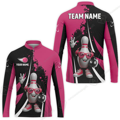 Customized Bowling Unisex Polo Shirt, Halftone Bowling Pin Wearing Headphones Sunglasses, Personalized Name And Team Name