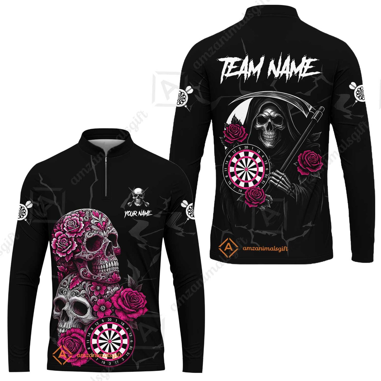 Customized Darts Long Sleeve Jersey, Darts Turquoise Skull Roses Dartboard Zip Polo Style Jersey for Darts Players