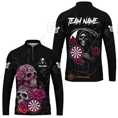 Customized Darts Long Sleeve Jersey, Darts Turquoise Skull Roses Dartboard Zip Polo Style Jersey for Darts Players