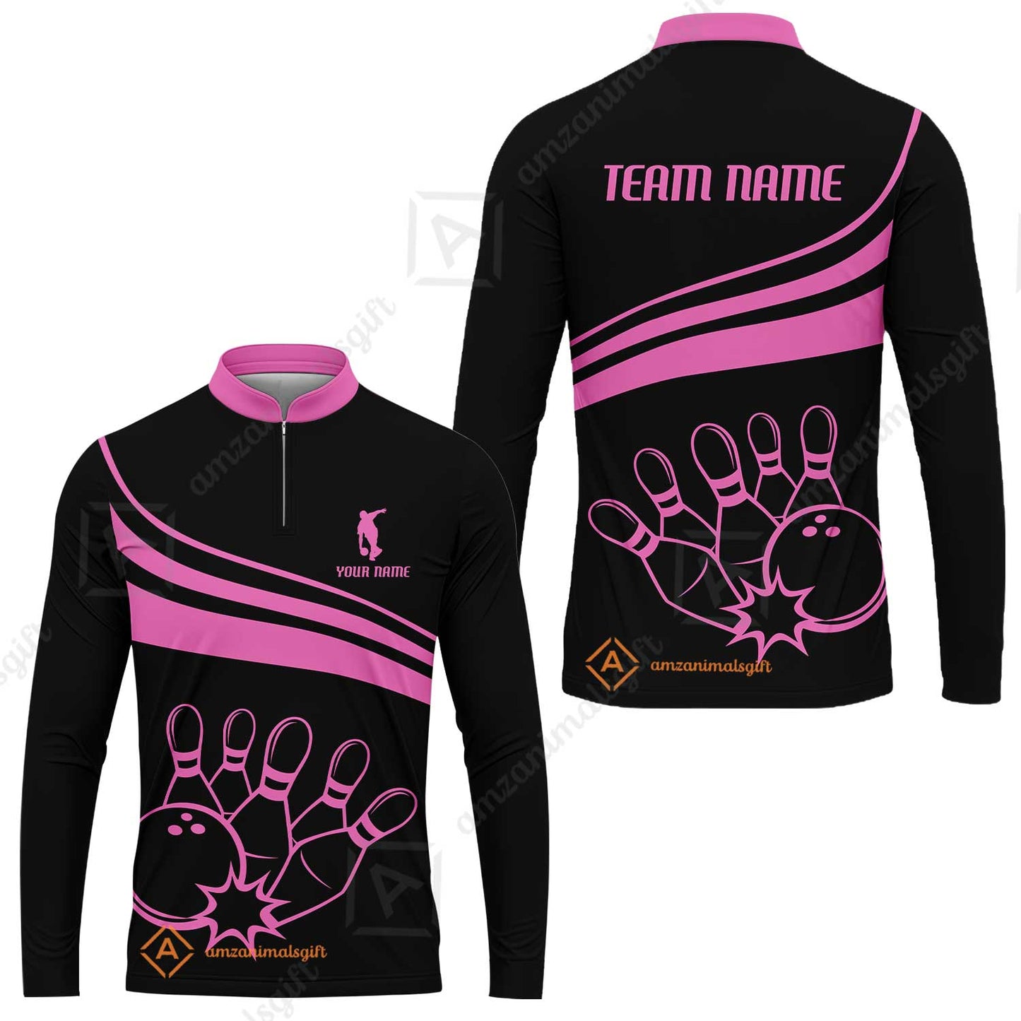 Bowling Customized Jersey Black Shirt Pink Curve Bowling Tenpin Quarter Zip Shirt, Outfit For Bowlers, Bowling Team