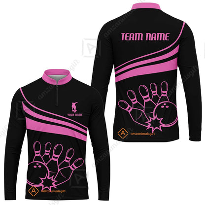 Bowling Customized Jersey Black Shirt Pink Curve Bowling Tenpin Quarter Zip Shirt, Outfit For Bowlers, Bowling Team
