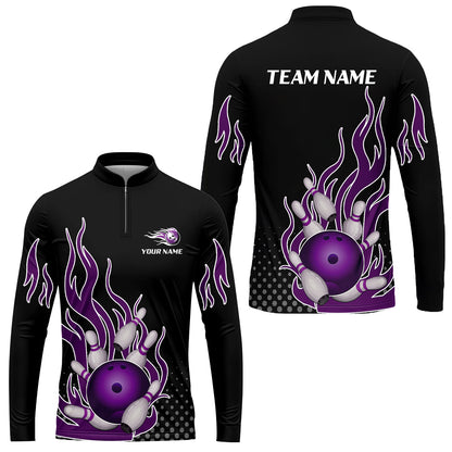 Customized Bowling Team Purple Flame Collar Quarter-Zip Long Sleeve Shirt, Bowling uniforms Bowling Flame Quarter-Zip Polo Shirts