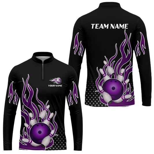 Customized Bowling Team Purple Flame Collar Quarter-Zip Long Sleeve Shirt, Bowling uniforms Bowling Flame Quarter-Zip Polo Shirts