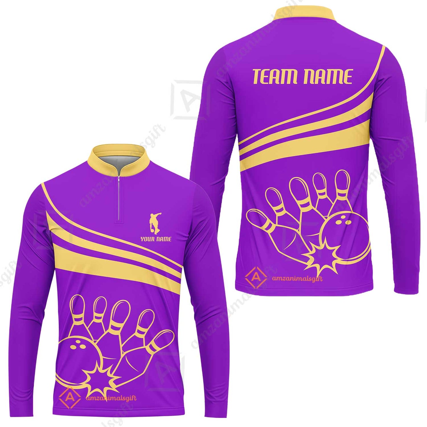 Bowling Customized Jersey Purple Shirt Gold Curve Bowling Tenpin Quarter Zip Shirt, Outfit For Bowlers, Bowling Team