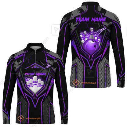 Customized Bowling Jersey, Bowling And Pins Abstract Grunge Texture X Multicolor Option Customized Name And Team Name Zipper Polo Jerseys Shirts