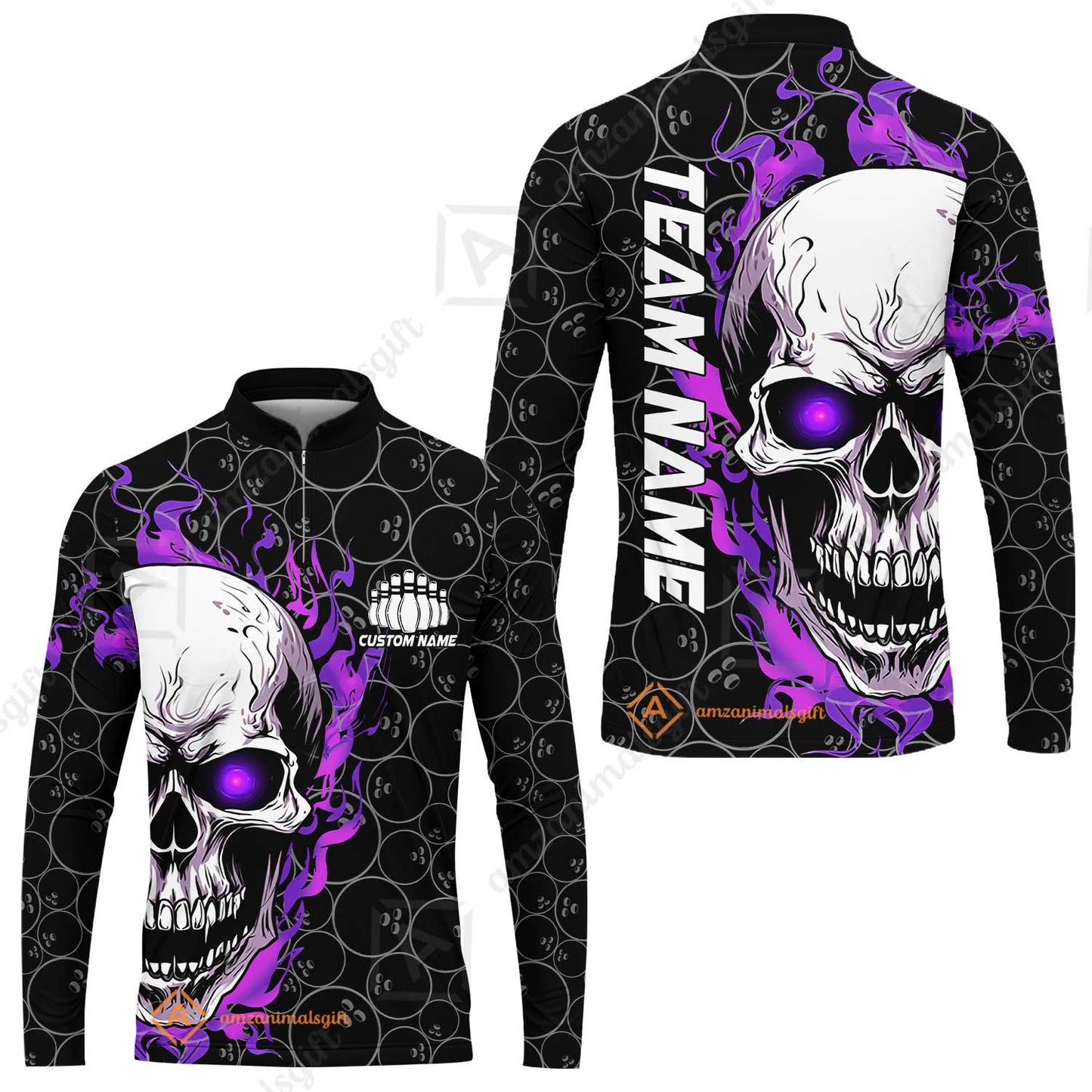 Personalized Bowling Unisex Polo Shirt, Green Flaming Skull Shirt For For Team Men Women Bowlers
