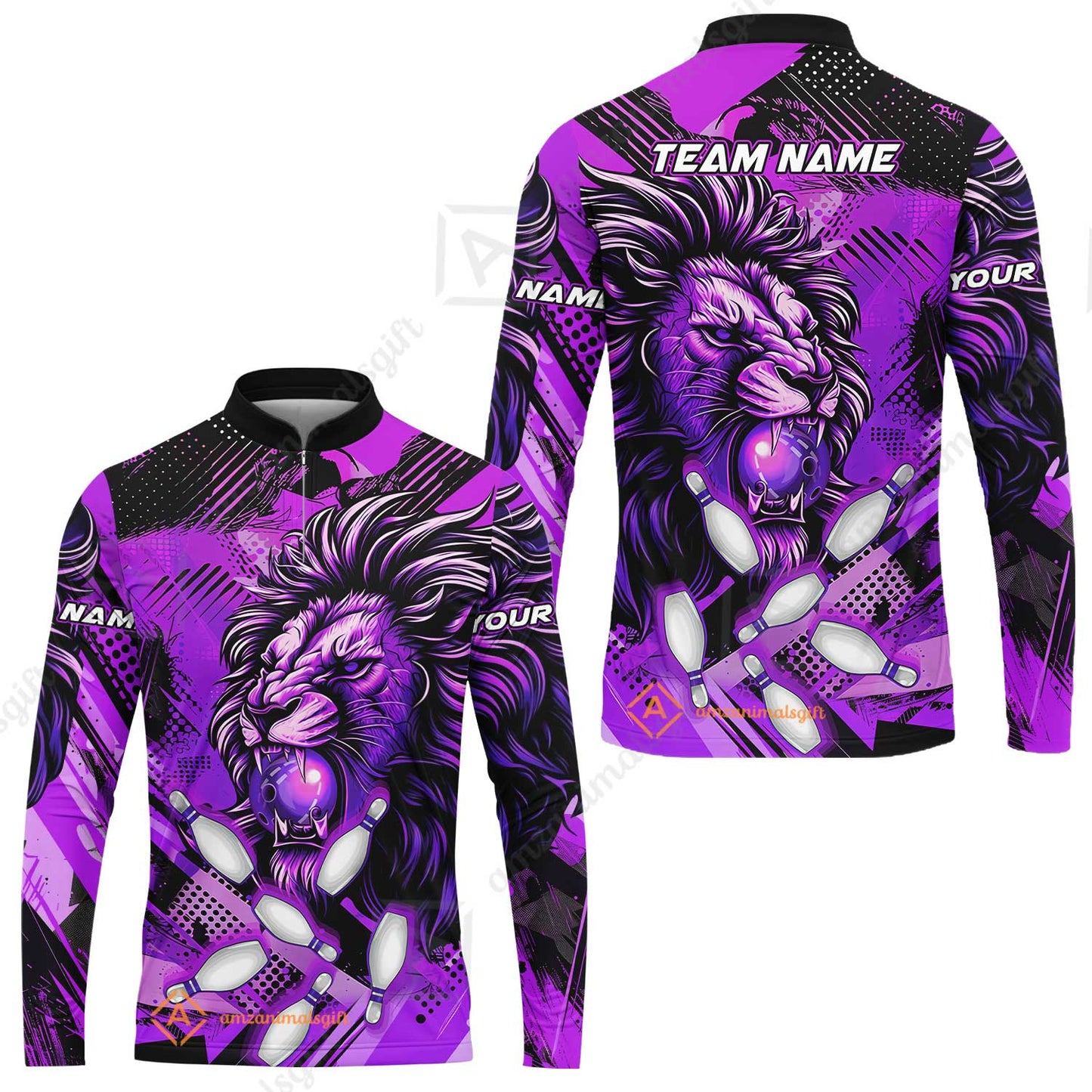 Custom Bowling Team Jerseys Shirts, Bowling uniforms Ball & Pins Lion Pattern Personalized Name And Team Name