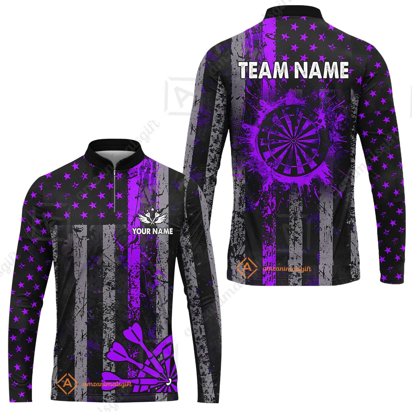 Customized Darts Long Sleeve Jersey, Turquoise Grunge US Flag Patriotic Darts Long Sleeve Jersey Team Style Jersey for Darts Players
