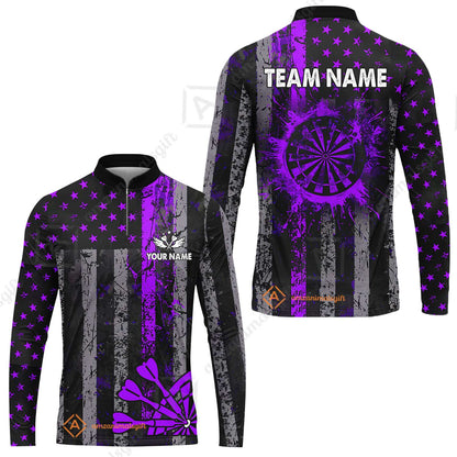 Customized Darts Long Sleeve Jersey, Turquoise Grunge US Flag Patriotic Darts Long Sleeve Jersey Team Style Jersey for Darts Players
