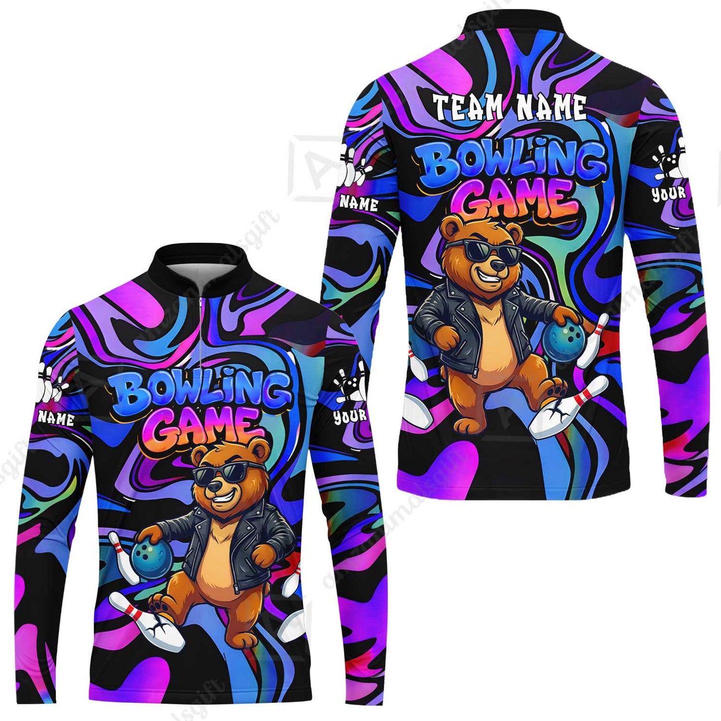 Custom Bowling Jersey Polo Shirt, Trippy Swirl Rocker Bear Graffiti Style, Custom Bowling Jersey Team Shirt For Players With Name & Team Name