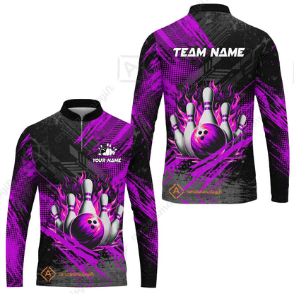 Custom Bowling Team Quarter-Zip Polo Shirt, Personalized Flame Bowling Jersey with Name & Team Name for Men & Women